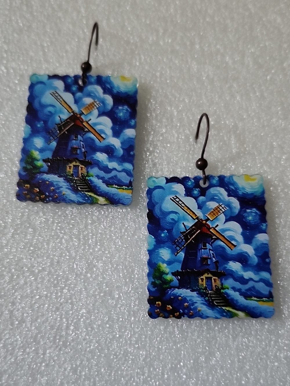 Hand Crafted Windmill Dangle Earrings in Blue and Yellow